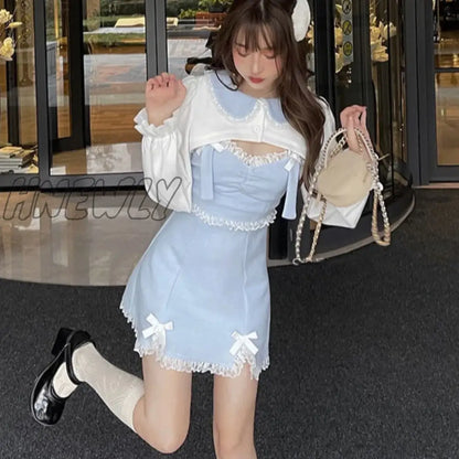 xsrrr Japanese Sweet Lolita Dress Lace Women Bow Pink Kawaii Party Mini Dresses Female Blue Princess Korean Fashion Dresse Winter