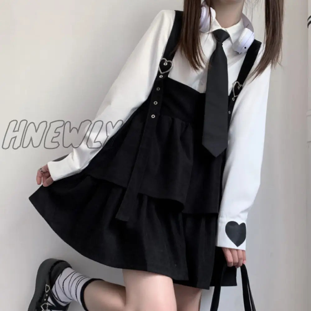 Hnewly Kawaii Black Ruffle Layer Lolita Dress Women Autumn Japanese Soft Girl Sleeveless Strap Cute Mini Dress Preppy Style