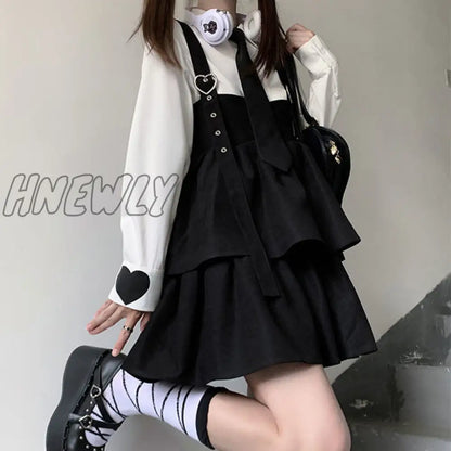 Hnewly Kawaii Black Ruffle Layer Lolita Dress Women Autumn Japanese Soft Girl Sleeveless Strap Cute Mini Dress Preppy Style