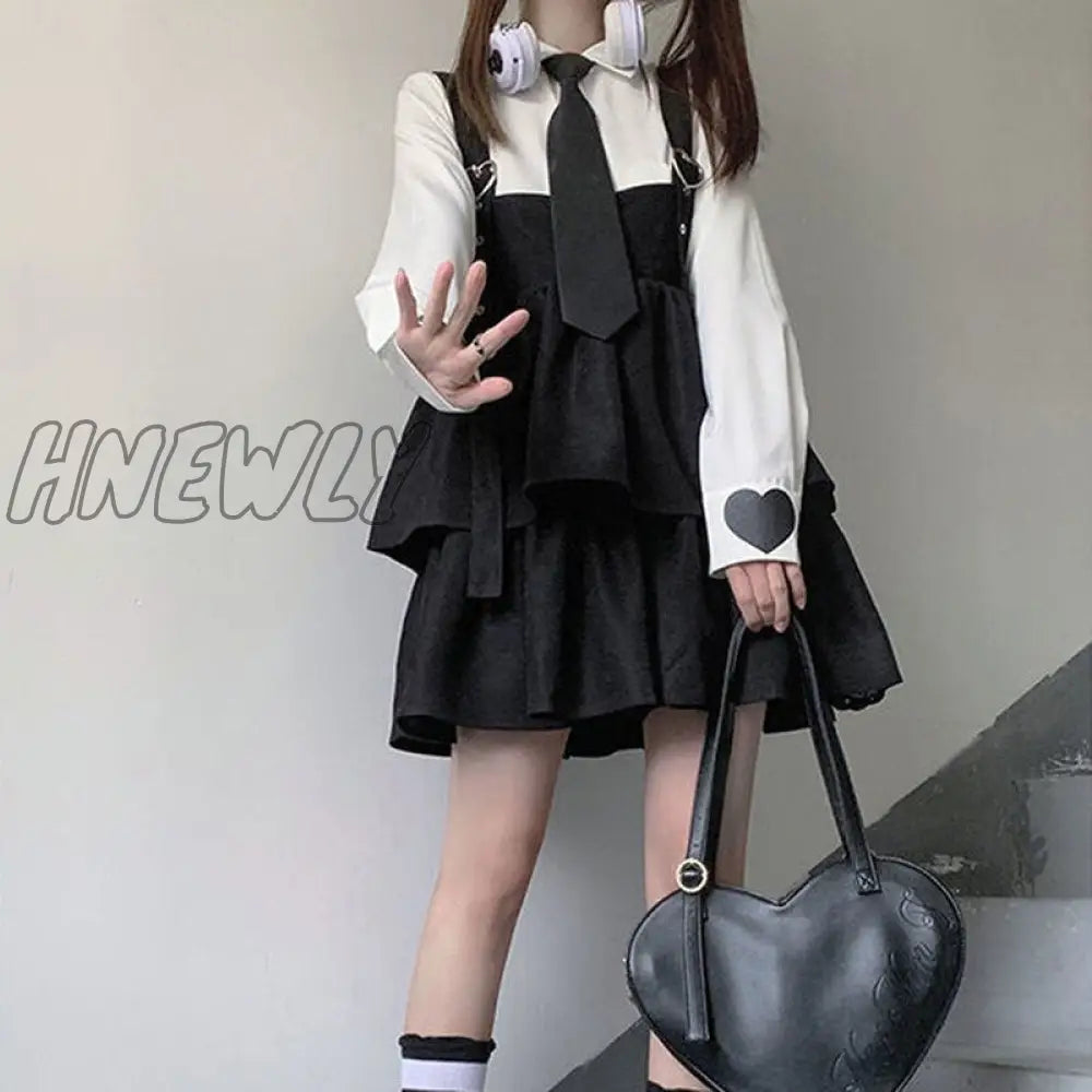 Hnewly Kawaii Black Ruffle Layer Lolita Dress Women Autumn Japanese Soft Girl Sleeveless Strap Cute Mini Dress Preppy Style