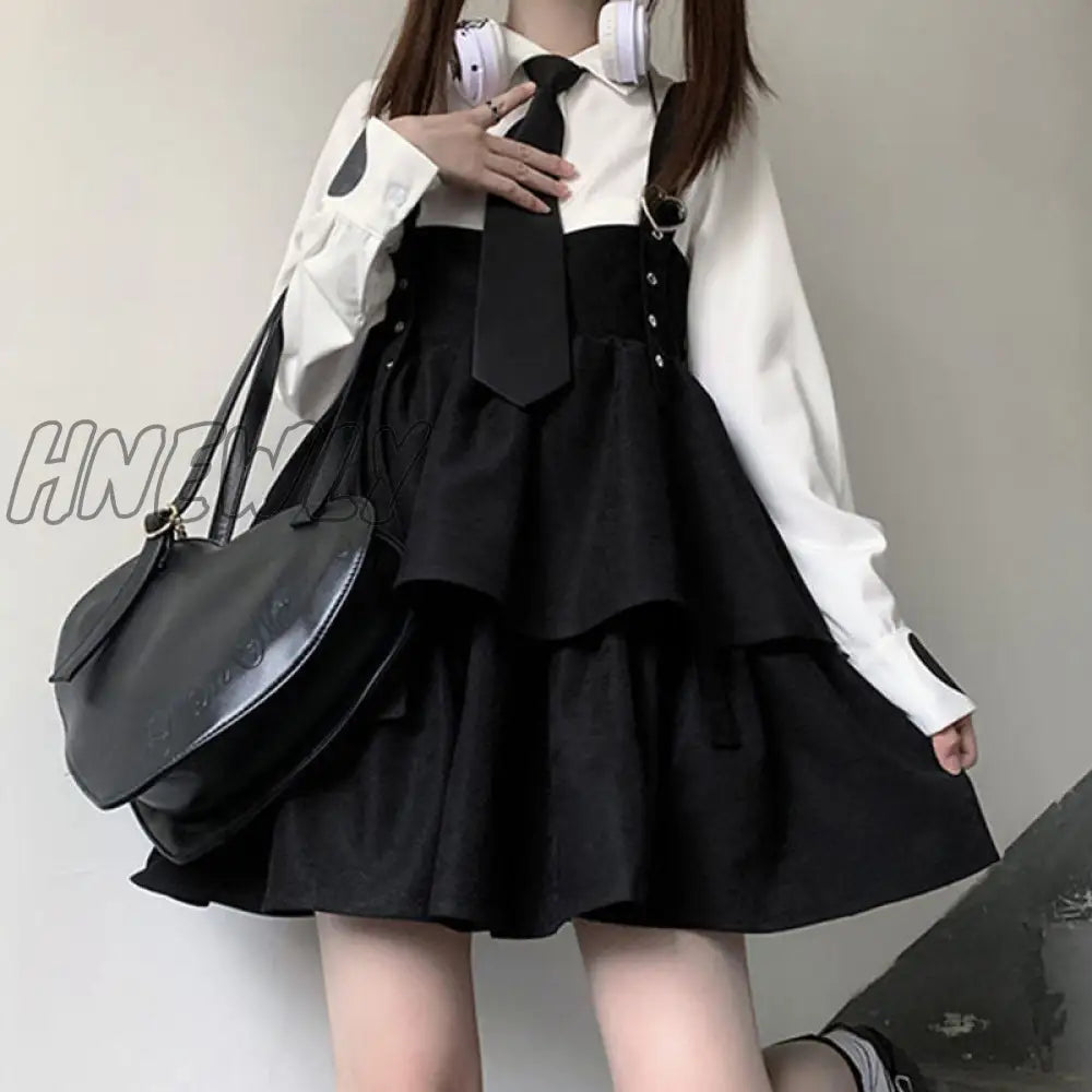 Hnewly Kawaii Black Ruffle Layer Lolita Dress Women Autumn Japanese Soft Girl Sleeveless Strap Cute Mini Dress Preppy Style