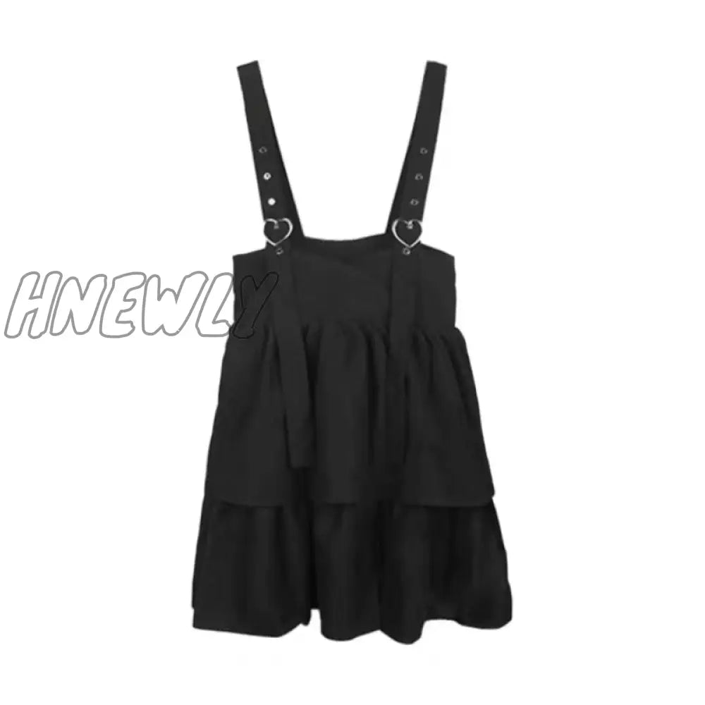 Hnewly Kawaii Black Ruffle Layer Lolita Dress Women Autumn Japanese Soft Girl Sleeveless Strap Cute Mini Dress Preppy Style