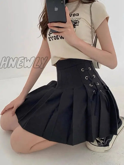 xsrrr Kawaii Sexy Pleated Skirt Women Cute Lace-up A-line Mini Skirt High-waisted Harajuku Summer Korean Style School Uniforms