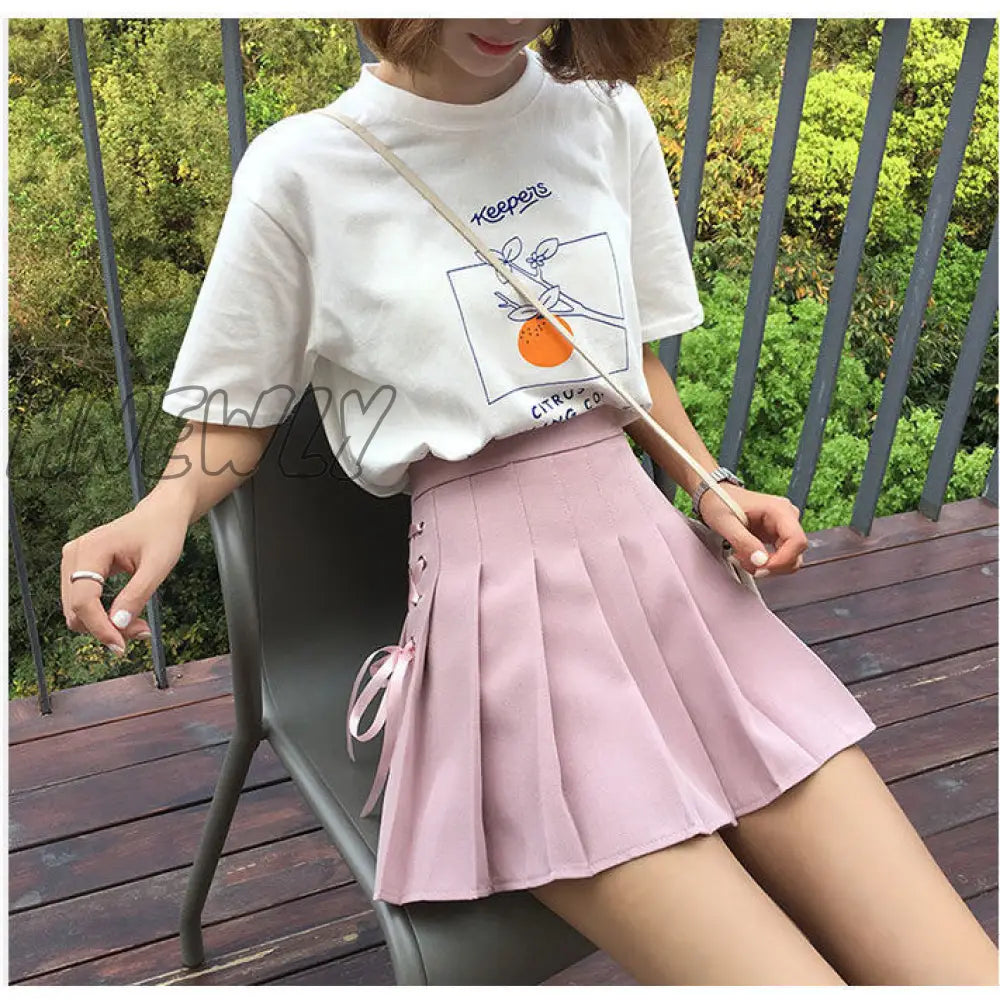 xsrrr Kawaii Sexy Pleated Skirt Women Cute Lace-up A-line Mini Skirt High-waisted Harajuku Summer Korean Style School Uniforms