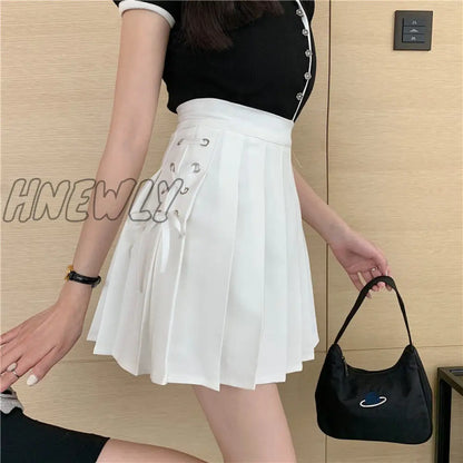 xsrrr Kawaii Sexy Pleated Skirt Women Cute Lace-up A-line Mini Skirt High-waisted Harajuku Summer Korean Style School Uniforms