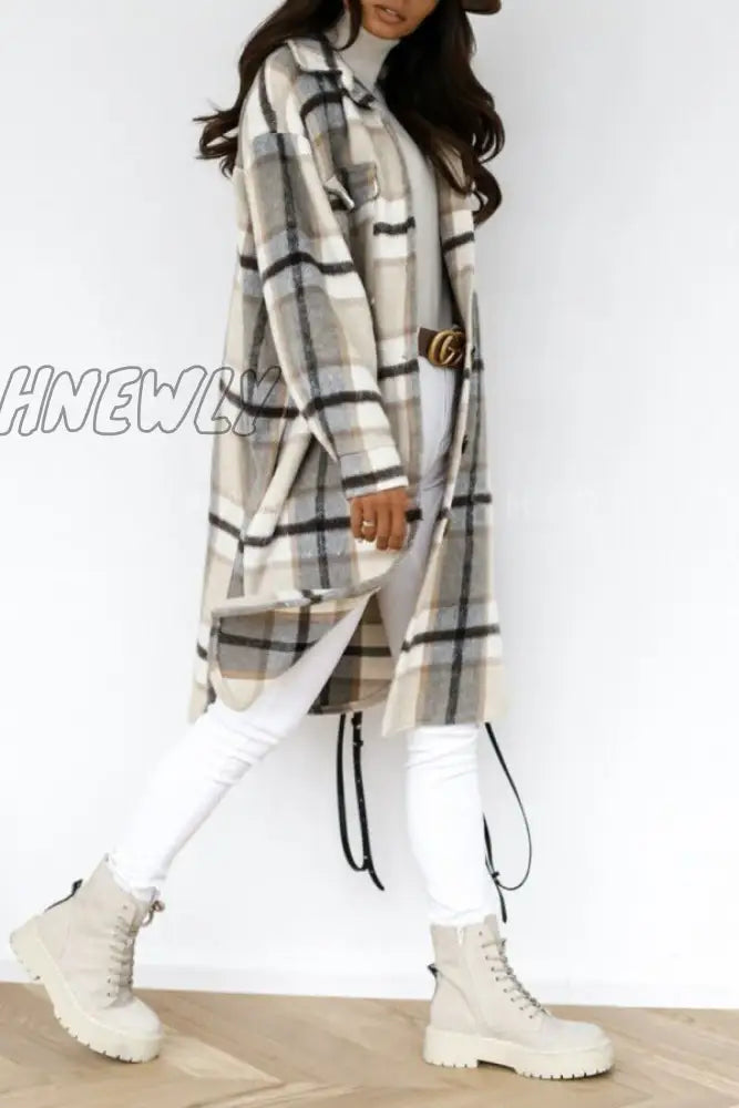 xsrrr - Khaki Casual Plaid Print Patchwork Buckle Turndown Collar Outerwear