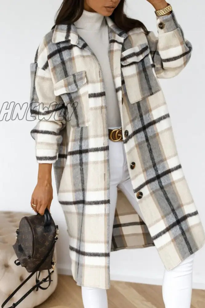 xsrrr - Khaki Casual Plaid Print Patchwork Buckle Turndown Collar Outerwear