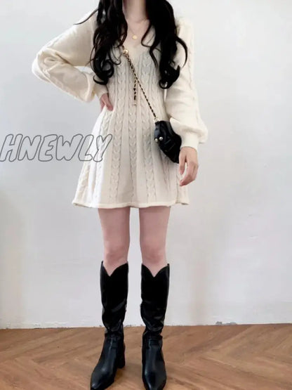 xsrrr Knit Knitted Sweater Mini Dress Women Casual Lantern Sleeve Short Dresses 2024 Autumn Winter V-neck Outfits Female