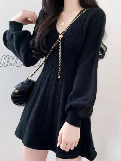 xsrrr Knit Knitted Sweater Mini Dress Women Casual Lantern Sleeve Short Dresses 2024 Autumn Winter V-neck Outfits Female