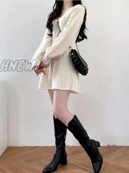 xsrrr Knit Knitted Sweater Mini Dress Women Casual Lantern Sleeve Short Dresses 2024 Autumn Winter V-neck Outfits Female