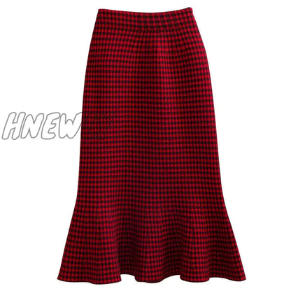 Hnewly Knitted Autumn and Winter Women's High Waist Plaid A- line Ruffles Woman Skirts Faldas Jupe