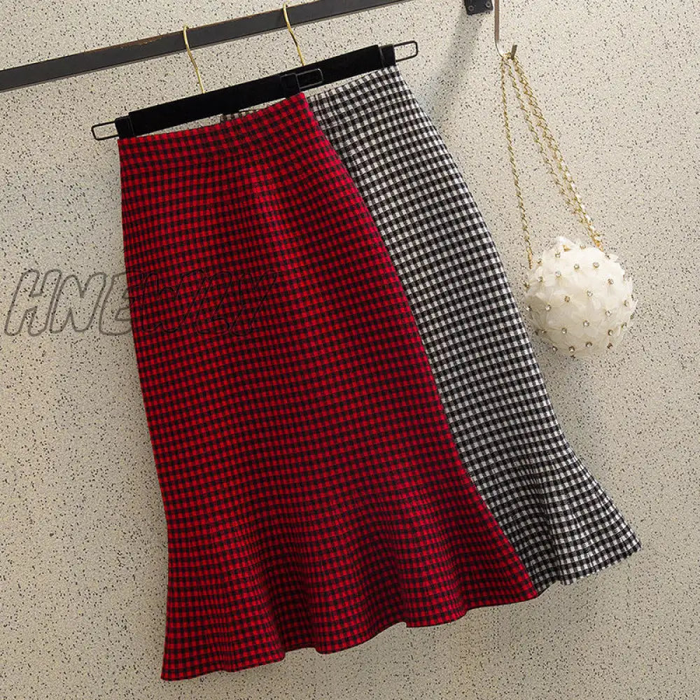 Hnewly Knitted Autumn and Winter Women's High Waist Plaid A- line Ruffles Woman Skirts Faldas Jupe