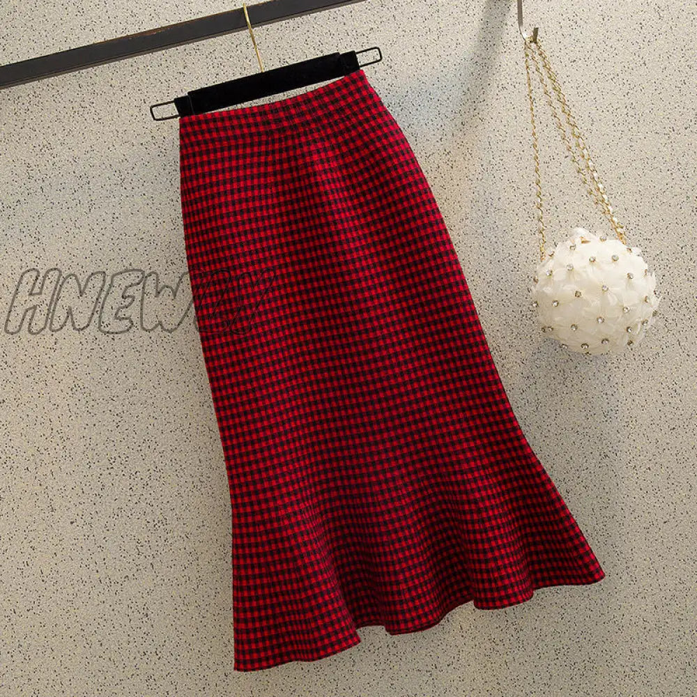 Hnewly Knitted Autumn and Winter Women's High Waist Plaid A- line Ruffles Woman Skirts Faldas Jupe