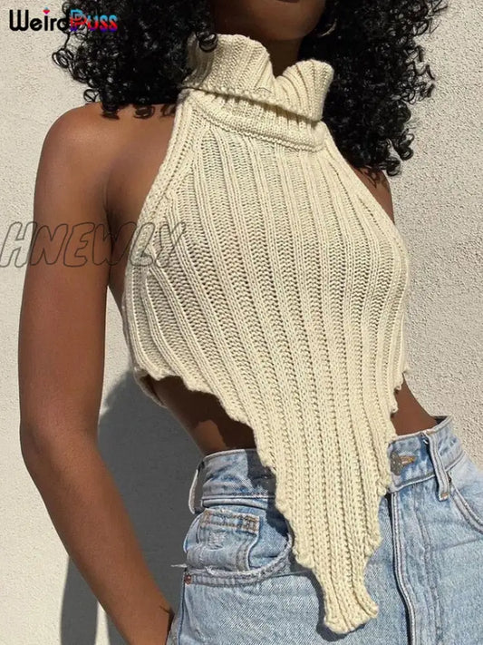 xsrrr Knitted Halter Sleeveless Tank Top Sexy Turtleneck Skinny Elastic Wild Elegant Basic Streetwear Summer Fashion Vest