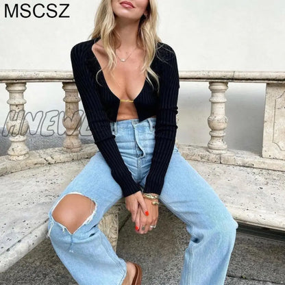 xsrrr Knitted Long Sleeve Crop Top Women V-Neck Open Front Sexy Woman T-shirts Club Party Y2K Top Spring Autumn Cropped Sweater