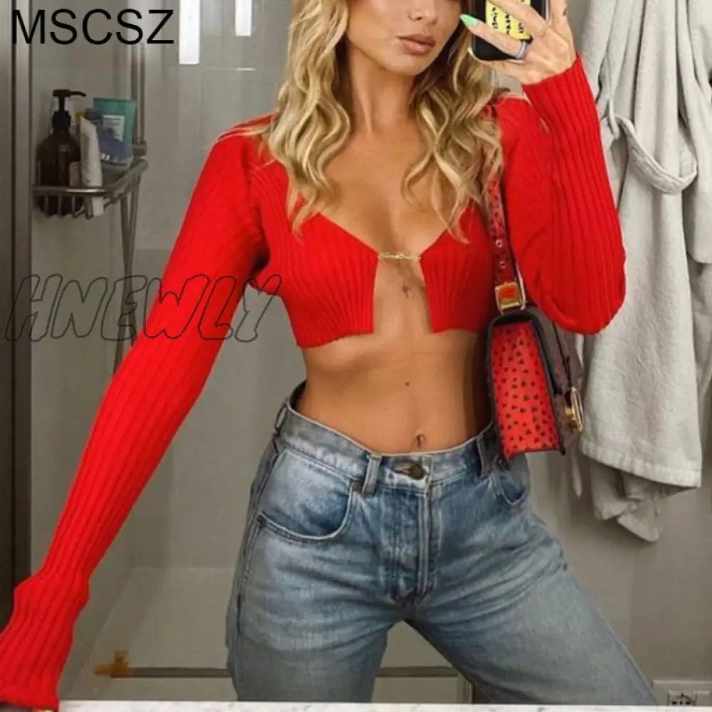 xsrrr Knitted Long Sleeve Crop Top Women V-Neck Open Front Sexy Woman T-shirts Club Party Y2K Top Spring Autumn Cropped Sweater