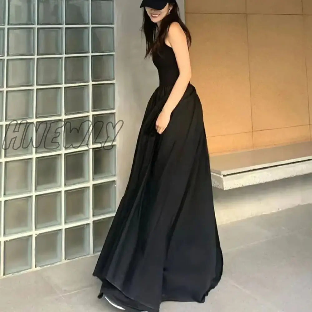 Hnewly Korean Fashion Black Maxi Dress Women Summer Sleeveless Spaghetti Strap Dresses Female Elegant Patchwork A-Line Dress