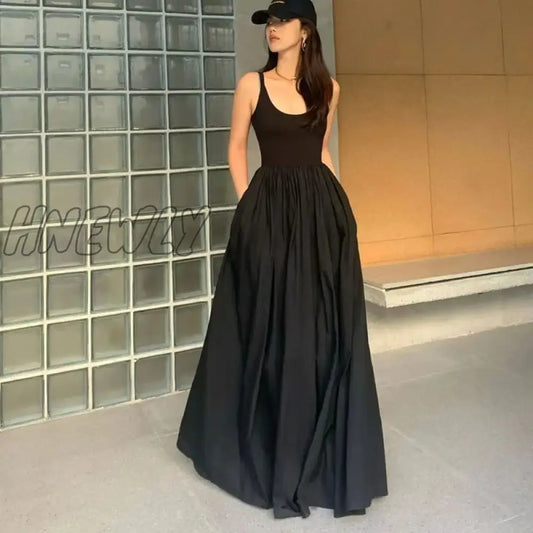 Hnewly Korean Fashion Black Maxi Dress Women Summer Sleeveless Spaghetti Strap Dresses Female Elegant Patchwork A-Line Dress