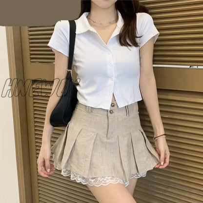 Hnewly Korean Fashion Khaki Short Skirt Lace Trim Cute Pleated Skirts Womens Preppy Style Button Up High Waist Summer Skirt Preppy