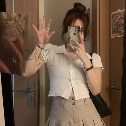 Hnewly Korean Fashion Khaki Short Skirt Lace Trim Cute Pleated Skirts Womens Preppy Style Button Up High Waist Summer Skirt Preppy