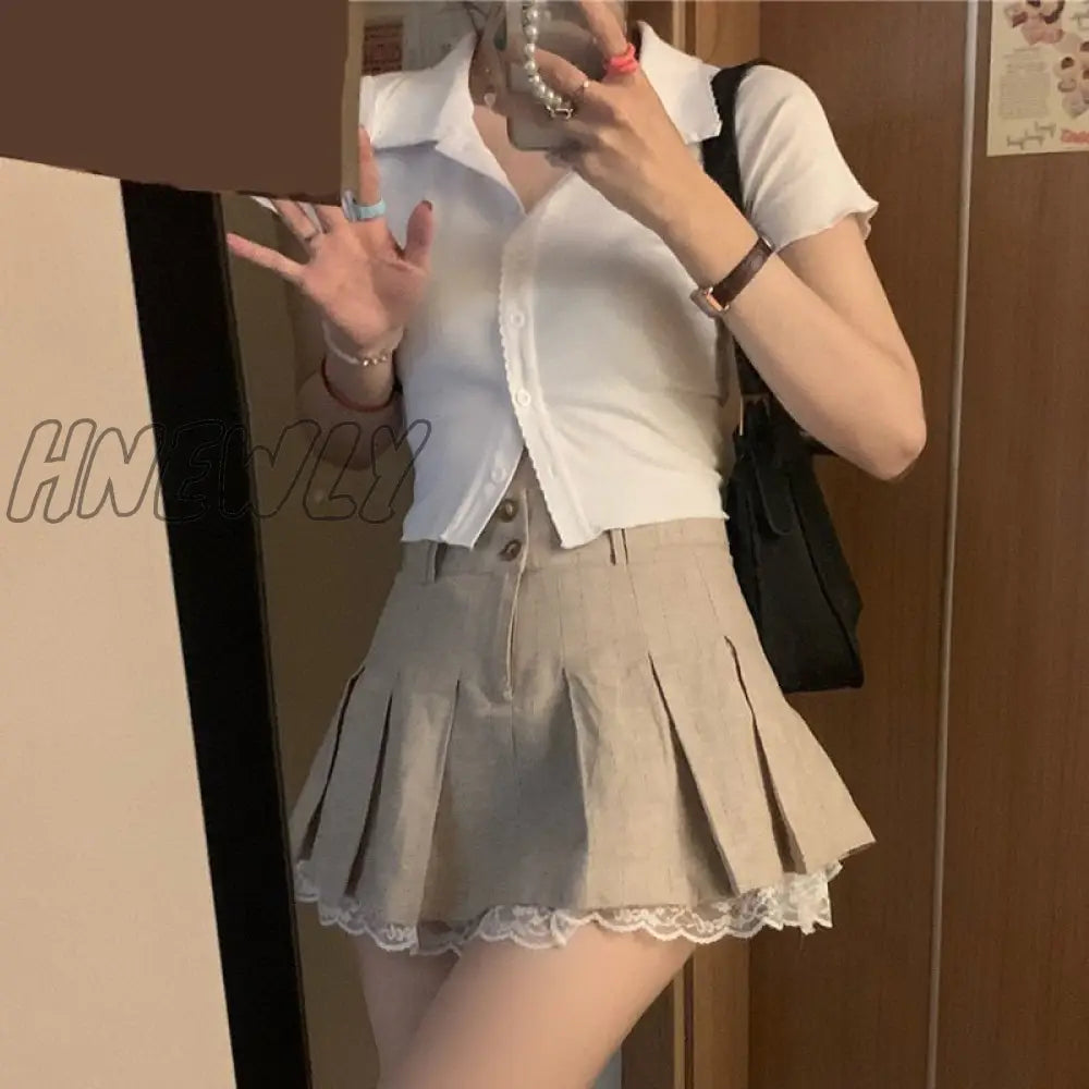 Hnewly Korean Fashion Khaki Short Skirt Lace Trim Cute Pleated Skirts Womens Preppy Style Button Up High Waist Summer Skirt Preppy