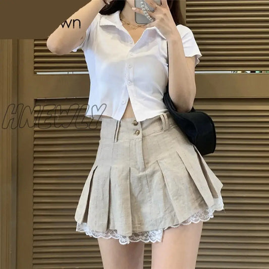 Hnewly Korean Fashion Khaki Short Skirt Lace Trim Cute Pleated Skirts Womens Preppy Style Button Up High Waist Summer Skirt Preppy