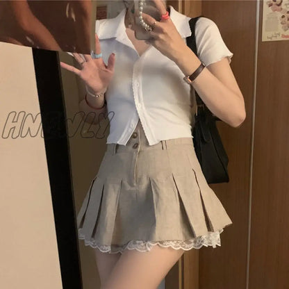 Hnewly Korean Fashion Khaki Short Skirt Lace Trim Cute Pleated Skirts Womens Preppy Style Button Up High Waist Summer Skirt Preppy