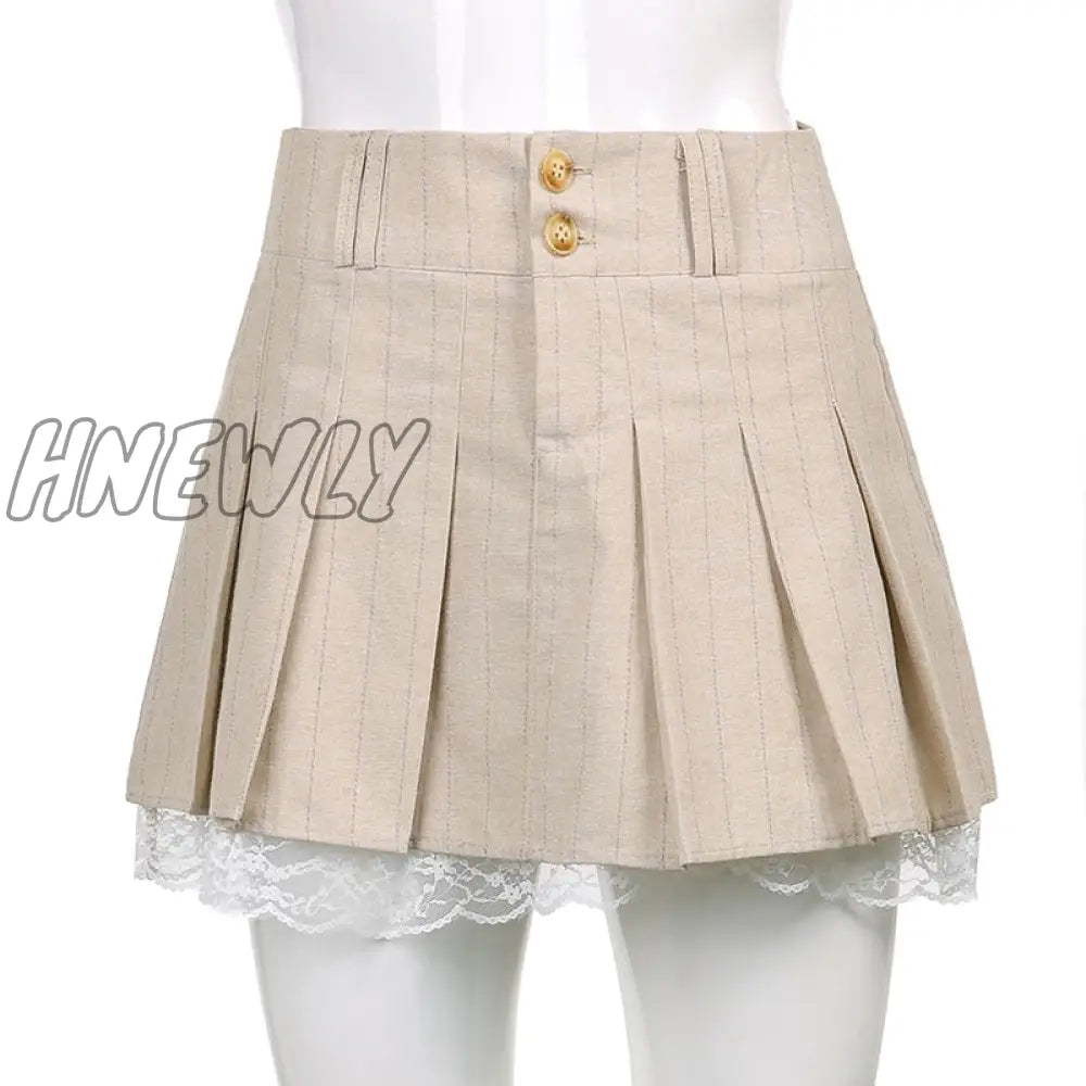 Hnewly Korean Fashion Khaki Short Skirt Lace Trim Cute Pleated Skirts Womens Preppy Style Button Up High Waist Summer Skirt Preppy