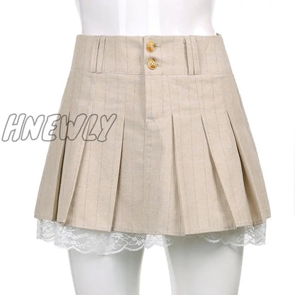 Hnewly Korean Fashion Khaki Short Skirt Lace Trim Cute Pleated Skirts Womens Preppy Style Button Up High Waist Summer Skirt Preppy