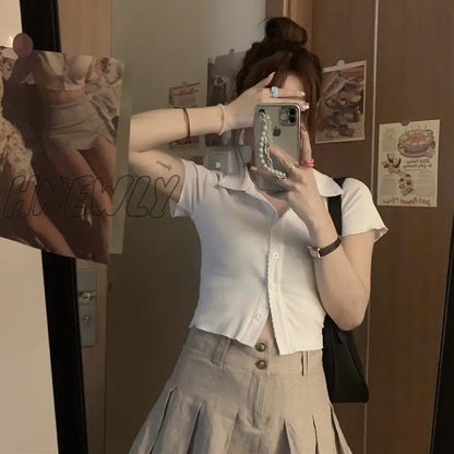 Hnewly Korean Fashion Khaki Short Skirt Lace Trim Cute Pleated Skirts Womens Preppy Style Button Up High Waist Summer Skirt Preppy