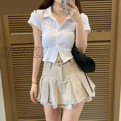 Hnewly Korean Fashion Khaki Short Skirt Lace Trim Cute Pleated Skirts Womens Preppy Style Button Up High Waist Summer Skirt Preppy