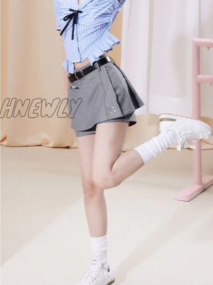 Hnewly Korean Fashion Mini Skirt Shorts Women Grey High Waist A-line Folds Preppy Style Short Skirt Summer School Uniform Girl