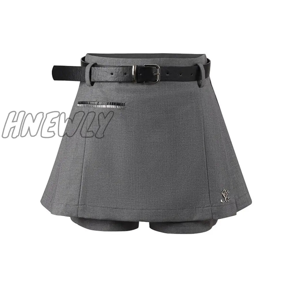 Hnewly Korean Fashion Mini Skirt Shorts Women Grey High Waist A-line Folds Preppy Style Short Skirt Summer School Uniform Girl