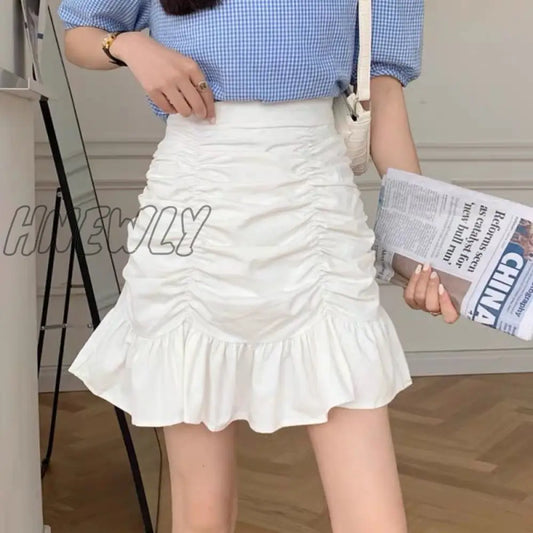 xsrrr Korean Fashion Mini Skirt Women Cute Sexy Elastic Waist A-line Ruffles Patchwork Mini Skirt Preppy Style Summer Girl