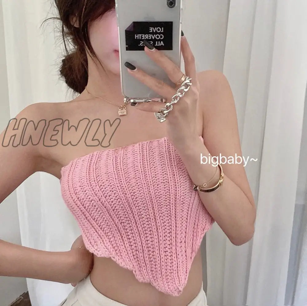 Hnewly Korean Knitted Sweater Cropped Tops Summer Fashion Women Strapless Backless Camis Tank Tops