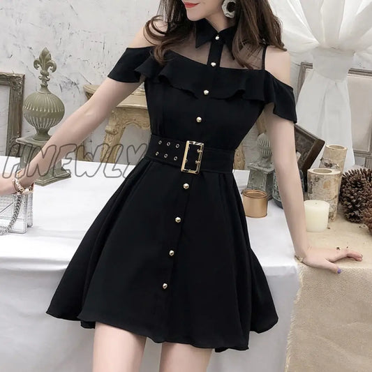 xsrrr Korean OL New Single Breasted Women Summer Dress Sweet Chic Black office work Short mini Dresses With Belt Vestidos jurken