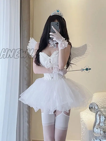 xsrrr Korean Sexy Fairy 2 Piece Set Women White V-Neck Camisole Crop Tops Mesh Tutu A-Skirt Suit Halloween Party Angel Cosplay Costume