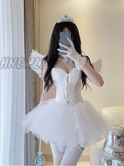 xsrrr Korean Sexy Fairy 2 Piece Set Women White V-Neck Camisole Crop Tops Mesh Tutu A-Skirt Suit Halloween Party Angel Cosplay Costume