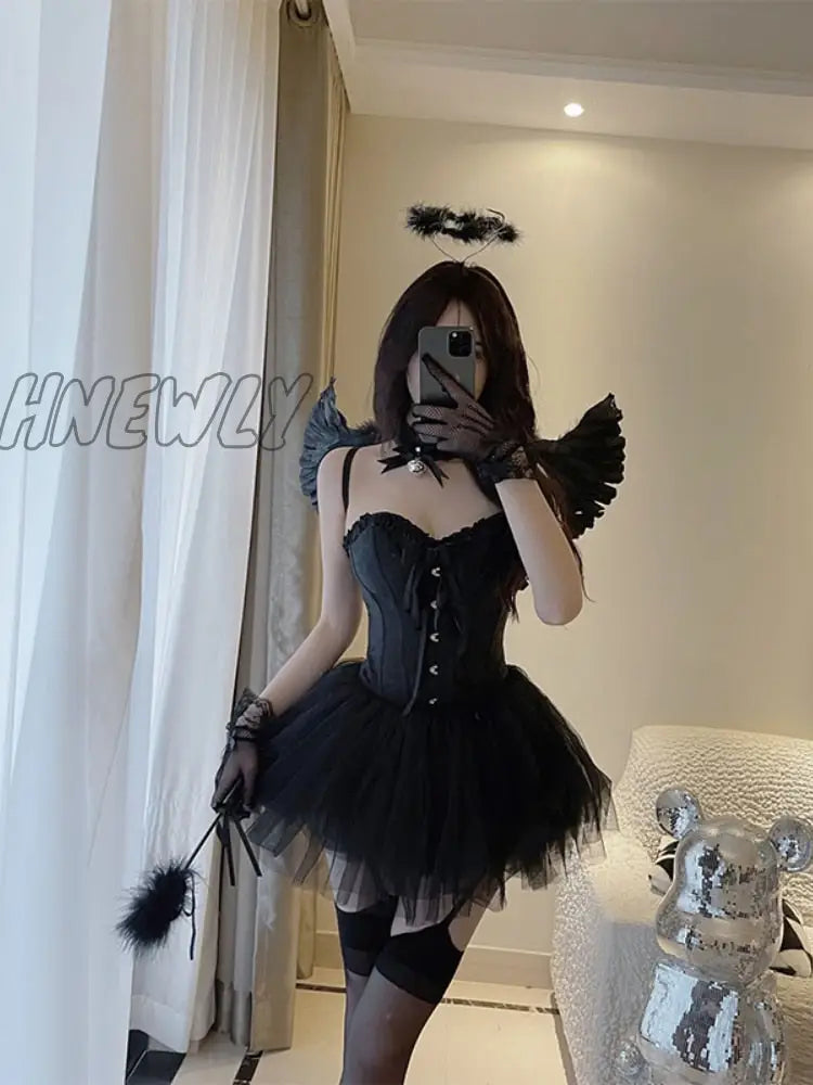 xsrrr Korean Sexy Fairy 2 Piece Set Women White V-Neck Camisole Crop Tops Mesh Tutu A-Skirt Suit Halloween Party Angel Cosplay Costume