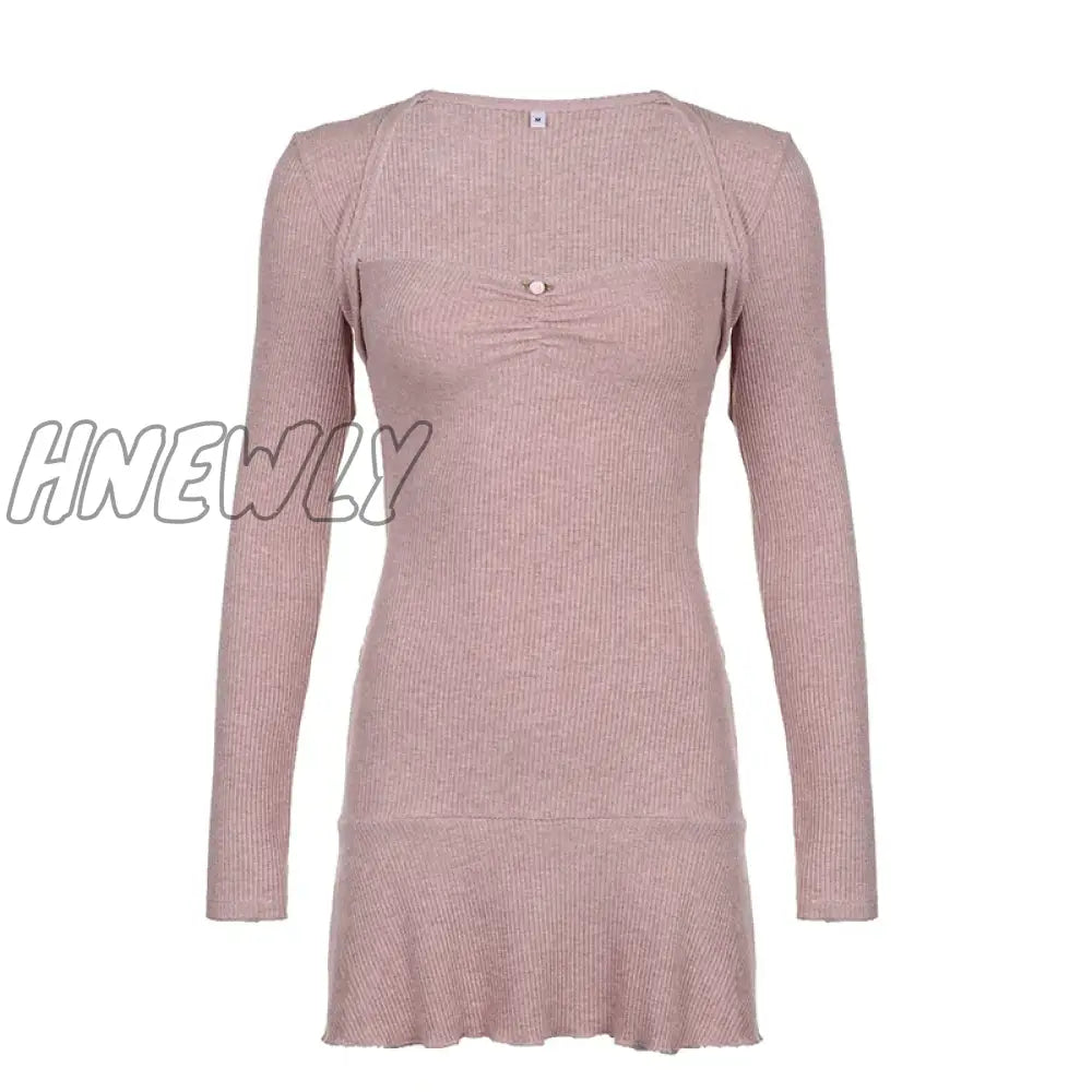 xsrrr Korean Square Neck Pink Autumn Dress Women Sweet Fold Coquette Clothes Slim Basic Knit Mini Dress Elegant Stylish New