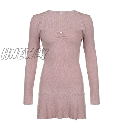 xsrrr Korean Square Neck Pink Autumn Dress Women Sweet Fold Coquette Clothes Slim Basic Knit Mini Dress Elegant Stylish New