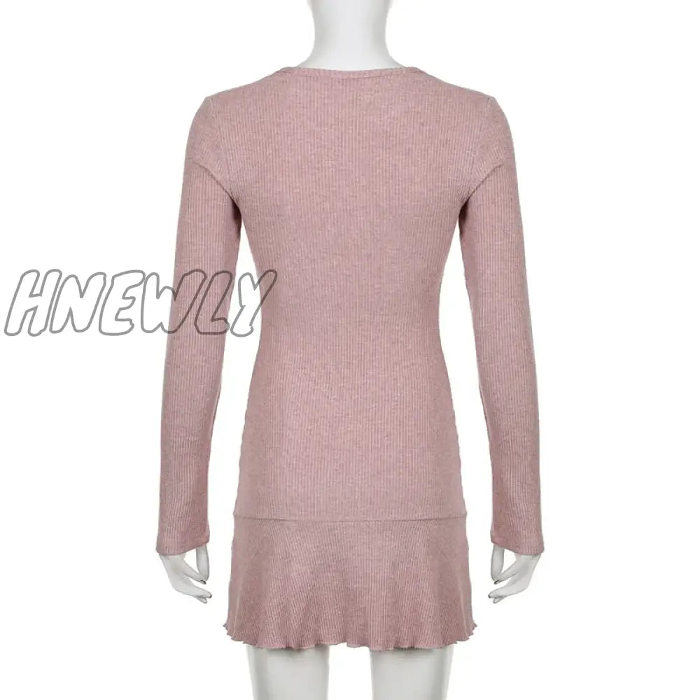 xsrrr Korean Square Neck Pink Autumn Dress Women Sweet Fold Coquette Clothes Slim Basic Knit Mini Dress Elegant Stylish New