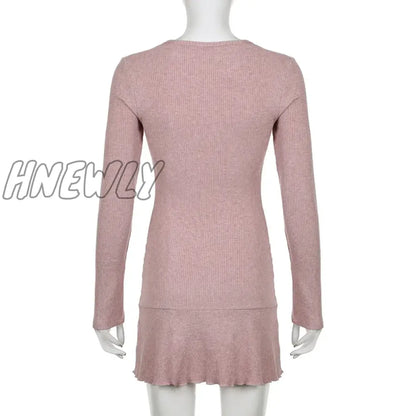 xsrrr Korean Square Neck Pink Autumn Dress Women Sweet Fold Coquette Clothes Slim Basic Knit Mini Dress Elegant Stylish New