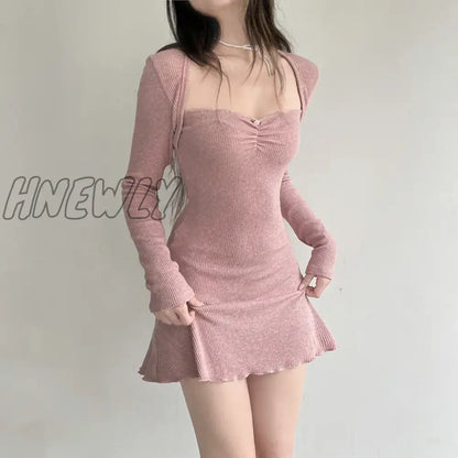 xsrrr Korean Square Neck Pink Autumn Dress Women Sweet Fold Coquette Clothes Slim Basic Knit Mini Dress Elegant Stylish New