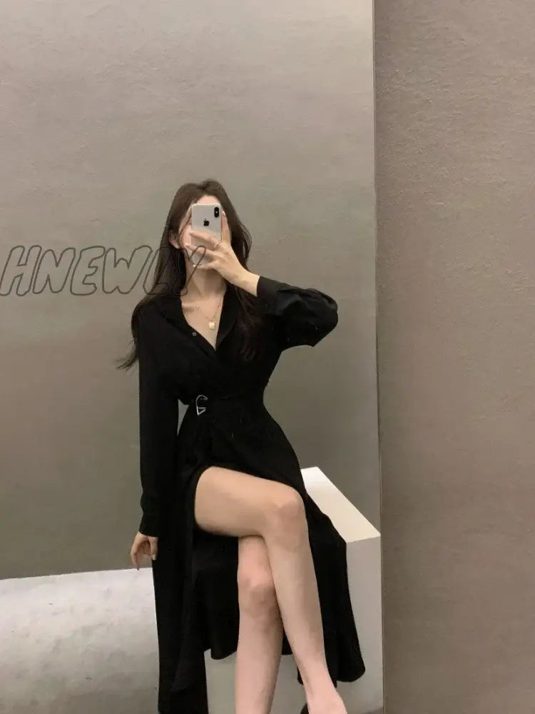 Hnewly Korean Style Black Midi One Piece Dress Women Coquette Shirt Holiday Dresses Elegant Spilt Long Sleeve Winter Vestidos