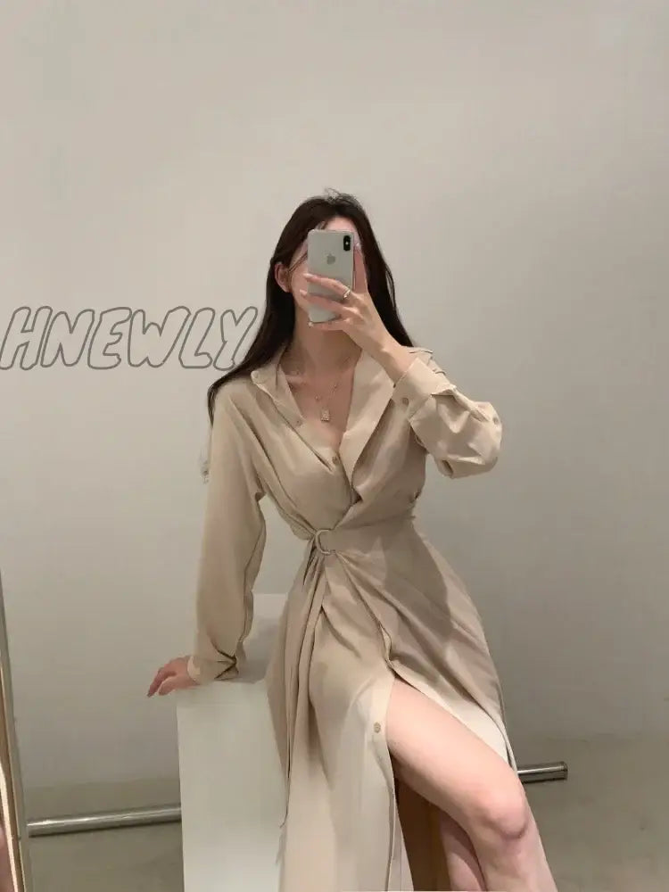 Hnewly Korean Style Black Midi One Piece Dress Women Coquette Shirt Holiday Dresses Elegant Spilt Long Sleeve Winter Vestidos