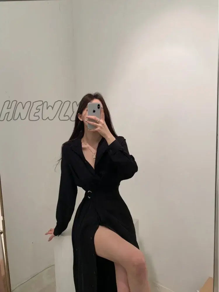 Hnewly Korean Style Black Midi One Piece Dress Women Coquette Shirt Holiday Dresses Elegant Spilt Long Sleeve Winter Vestidos