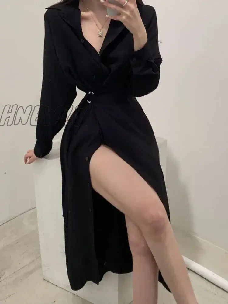 Hnewly Korean Style Black Midi One Piece Dress Women Coquette Shirt Holiday Dresses Elegant Spilt Long Sleeve Winter Vestidos