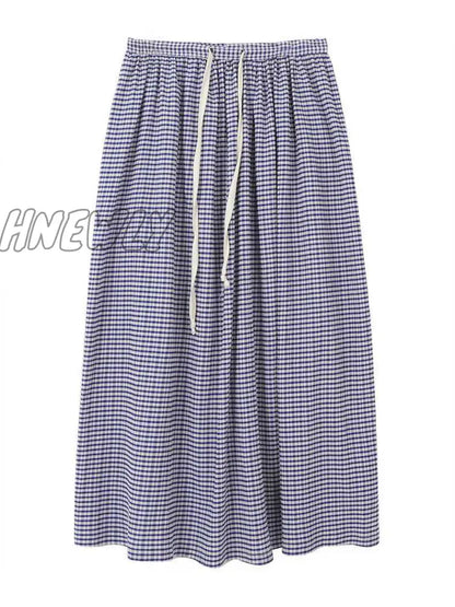 xsrrr Korean Style Plaid Skirt Long Women Blue High Waist A-line Folds Lace-up Casual Fashion Maxi Skirt Summer Beach Girl