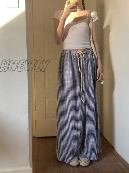 xsrrr Korean Style Plaid Skirt Long Women Blue High Waist A-line Folds Lace-up Casual Fashion Maxi Skirt Summer Beach Girl